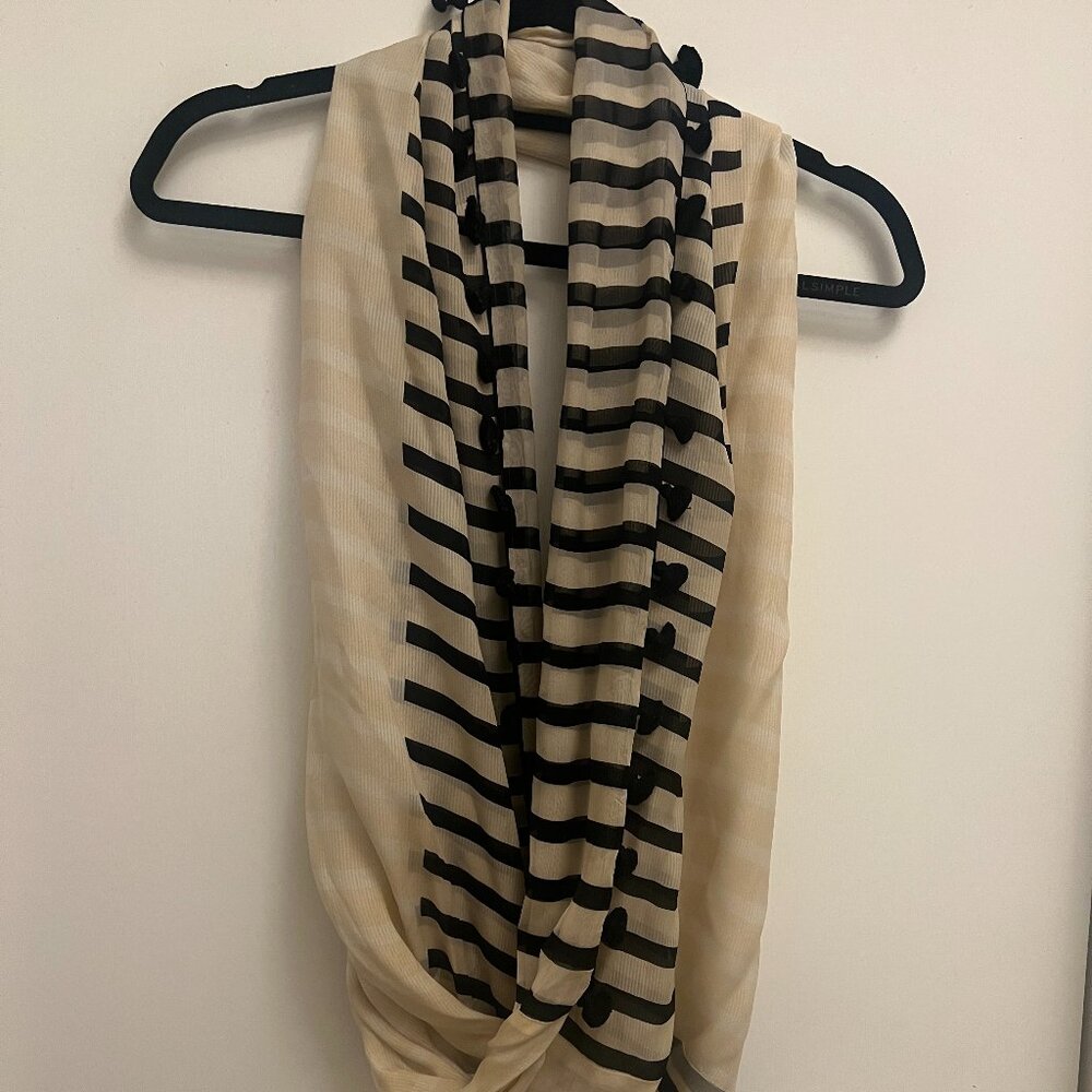 J Crew 100% Silk Infinity Scarf Cream/black/blush Striped Tassels 60"
